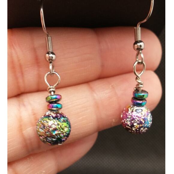 Artisan Iridescent Drop Earrings Electroplated Lava Stone Rainbow Hematite Beads - Picture 8 of 11